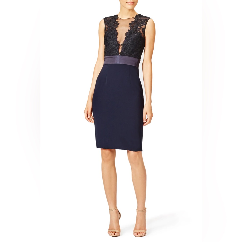Theia Navy Pencil Skirt With Satin Waistband